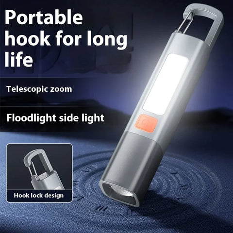 Strong Lighting ABS Flashlamp USB Charging Portable Outdoor EDC Torch Camping Hanging Flashlights Telescopic Focus COB Side Lamp