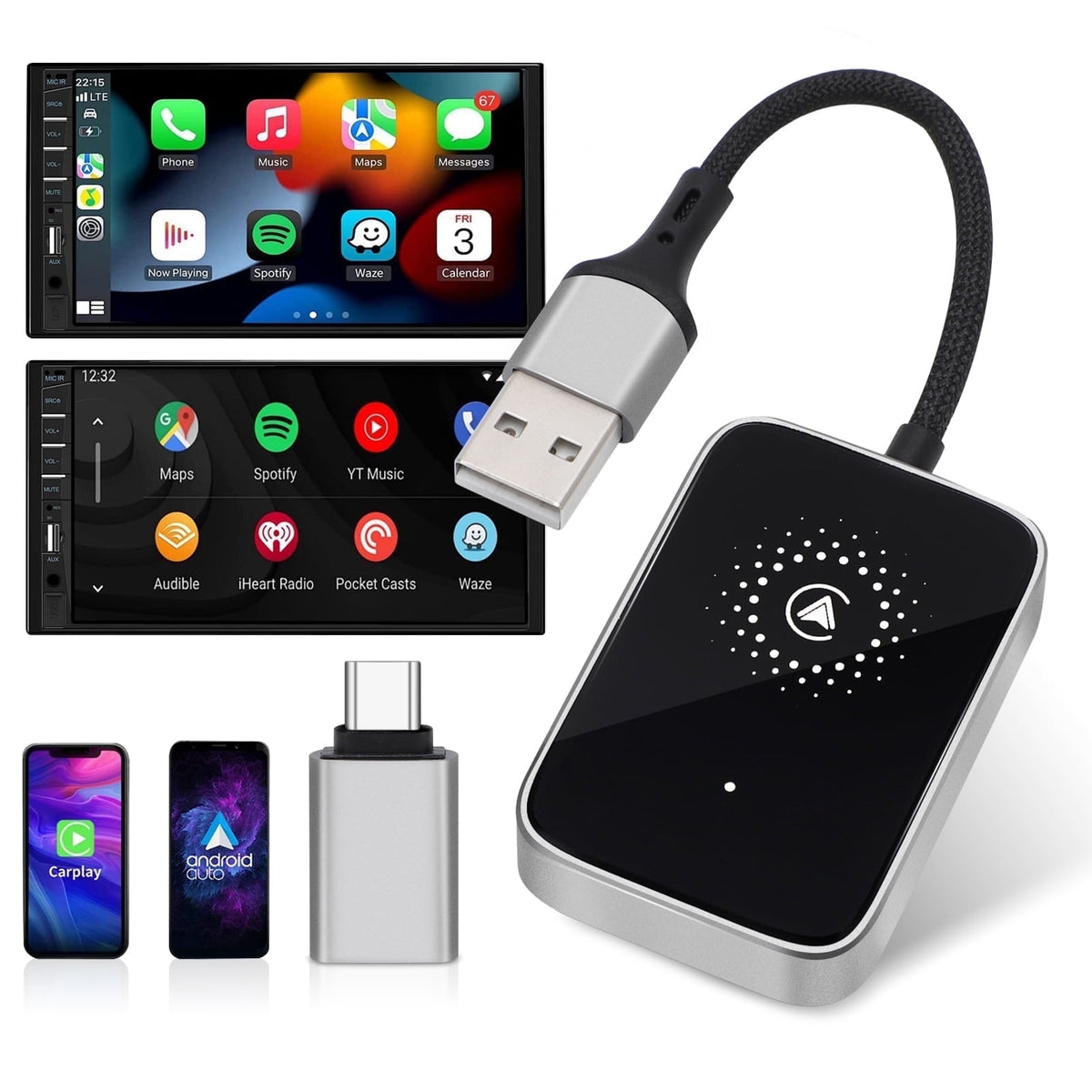 2In1 Wireless Carplay Adapter & Android Auto Wireless Adapter, 2 in 1 Auto Car Play Wireless Dongle for OEM Wired Carplay/Android Auto Car with Iphone Ios 12+ / Android 11+
