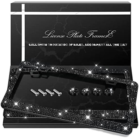 2 Pack Bling License Plate Frames, Sparkly Rhinestone Diamond Car License Plate Cover for Women, Stainless Steel Car Accessories with Glitter Crystal Caps (Black)