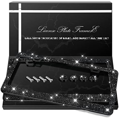 2 Pack Bling License Plate Frames, Sparkly Rhinestone Diamond Car License Plate Cover for Women, Stainless Steel Car Accessories with Glitter Crystal Caps (Black)