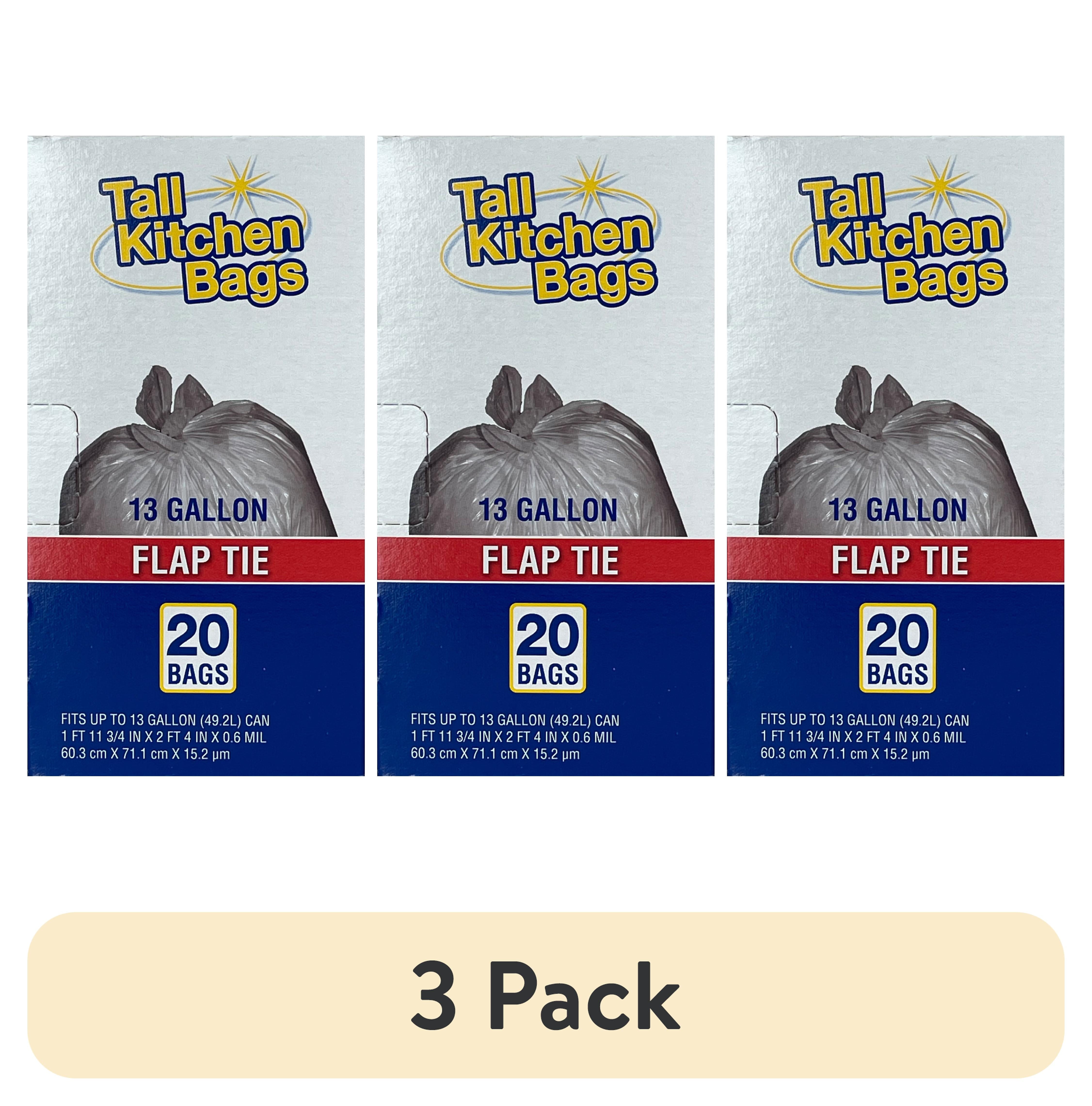 (3 Pack)  Basic Kitchen Trash Bags, 13 Gallon, 20 Bags (Flap Tie)