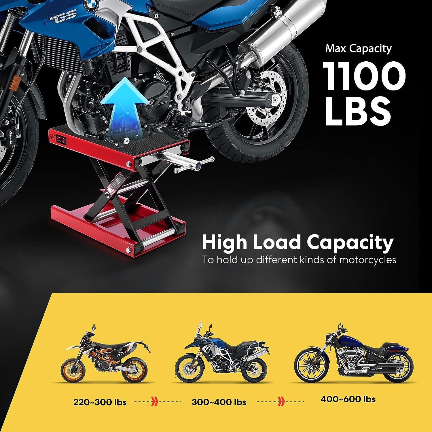 Motorcycle Lift Scissor Jack Steel Wide Deck Hoist Crank Center Stand 1100 LBS Capacity for Motorcycles, Atvs, Dirt Bikes Red