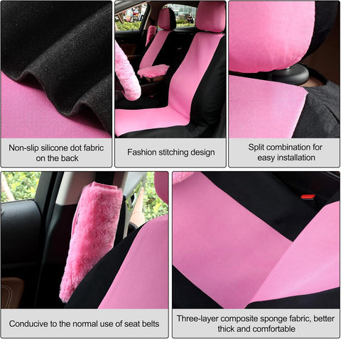 20 Pcs Car Seat Covers Full Set Car Accessories Includes Seat Protectors Fluffy Steering Wheel Cover Belt Shoulder Pads Handbrake Gear Cover Armrest Pad Women Men(Pink and Black)