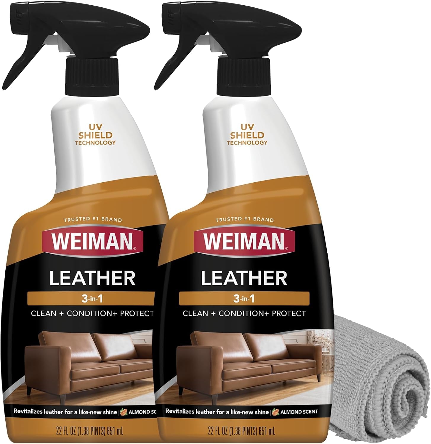 Leather Cleaner Conditioner & Protector for Couches, Boots, Chairs, Bags, Purses & Auto Interior with Microfiber Towel Included (2 Pack)