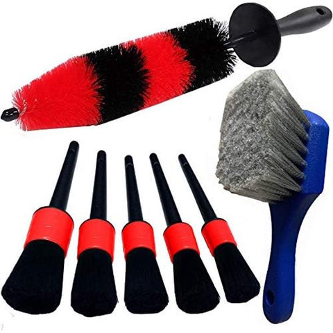 7Pcs Wheel & Tire Brush, car Detailing kit, 17inch Long Soft Wheel Brush 5 car wash Detail Brush car wash kit for Cleans Dirty Tires & Releases Dirt and Road Grime, Short Handle