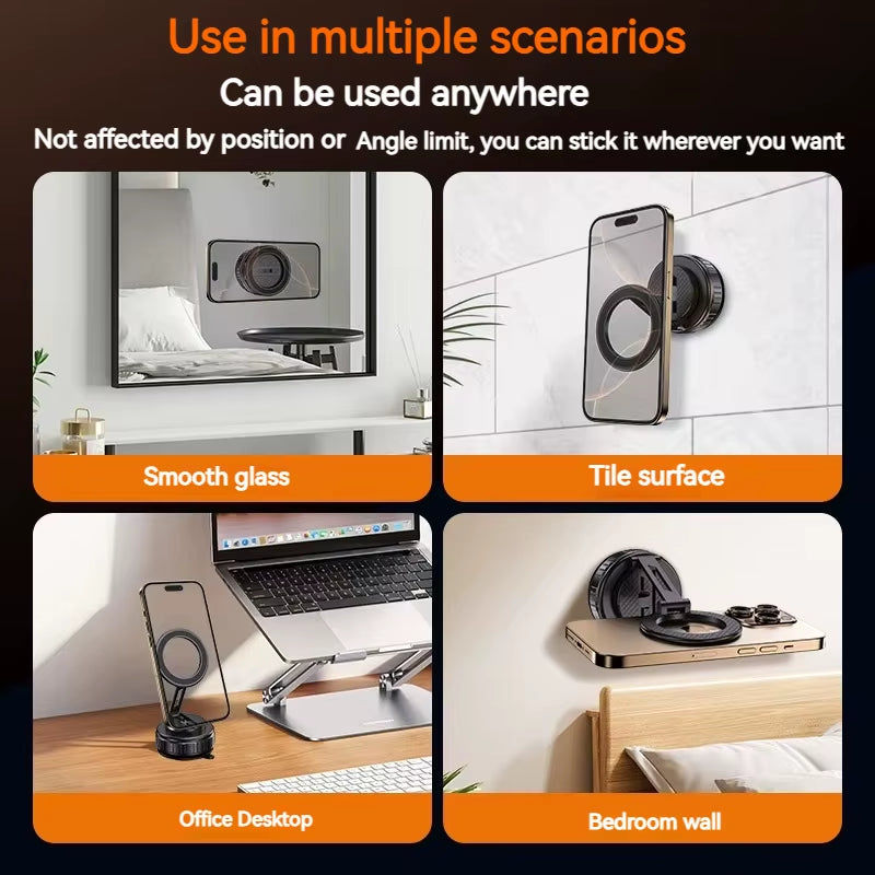 Metal  Vacuum Magnetic Car Phone Holder Mount Adjustable Suction Foldable Phone Stand for Mirro Gym Bath Shower Home