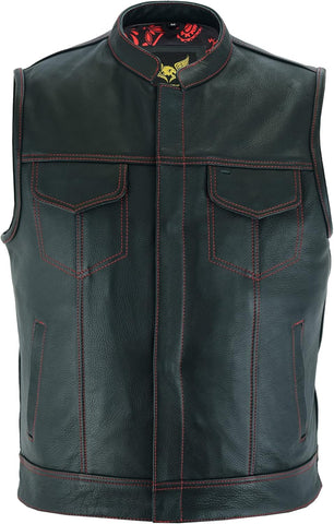 Mens Black Motorcycle Vests - SOA Club & Traditional Paisley Satin Liner Leather Biker Vests