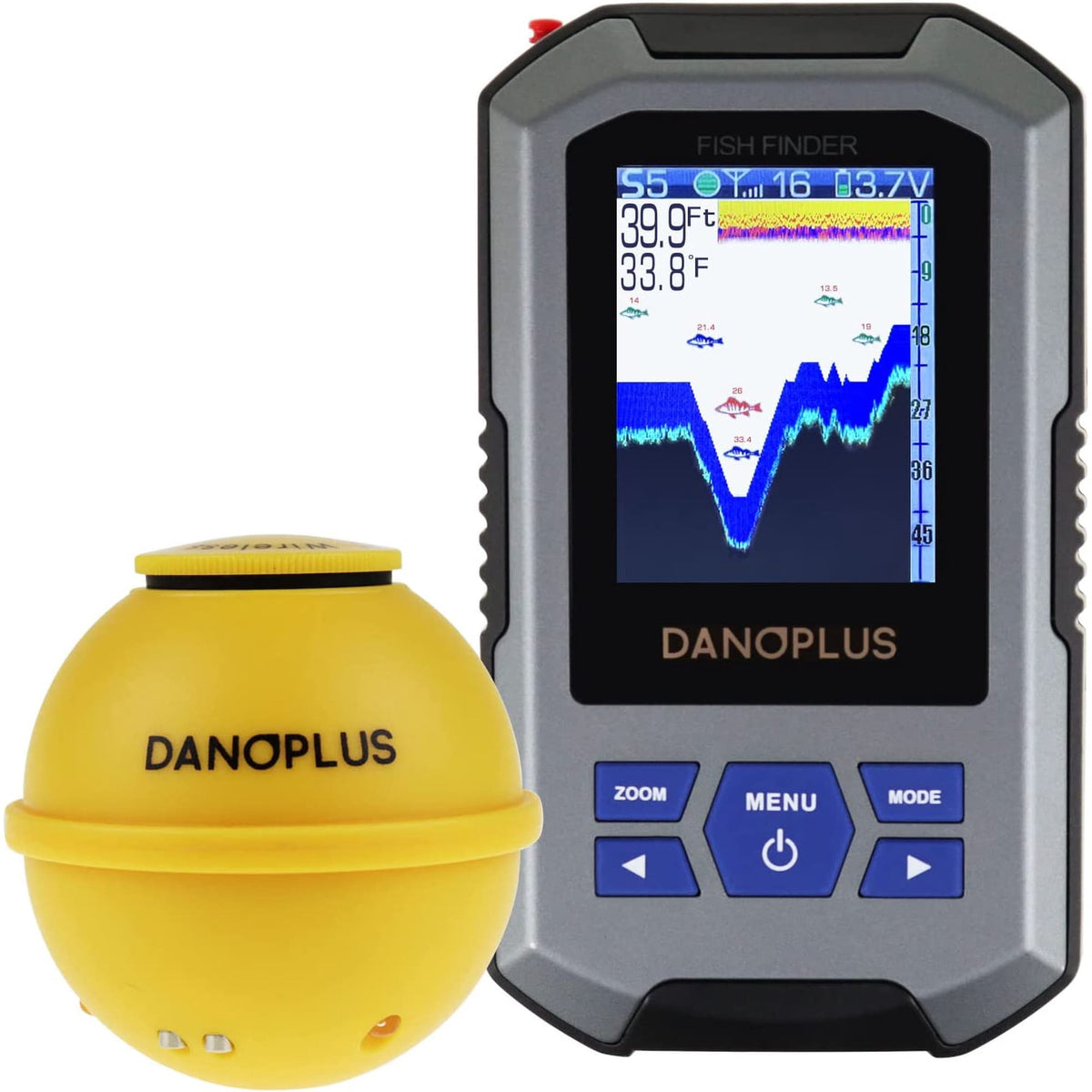 Portable Fish Finder Large HD Display Wireless Fish Finder, Fish Finders & Depth Finders for Boats with 147 Feet Depth Detection Sensor, Rechargeable Castable Fish Finder Display Fish, Temp, Depth