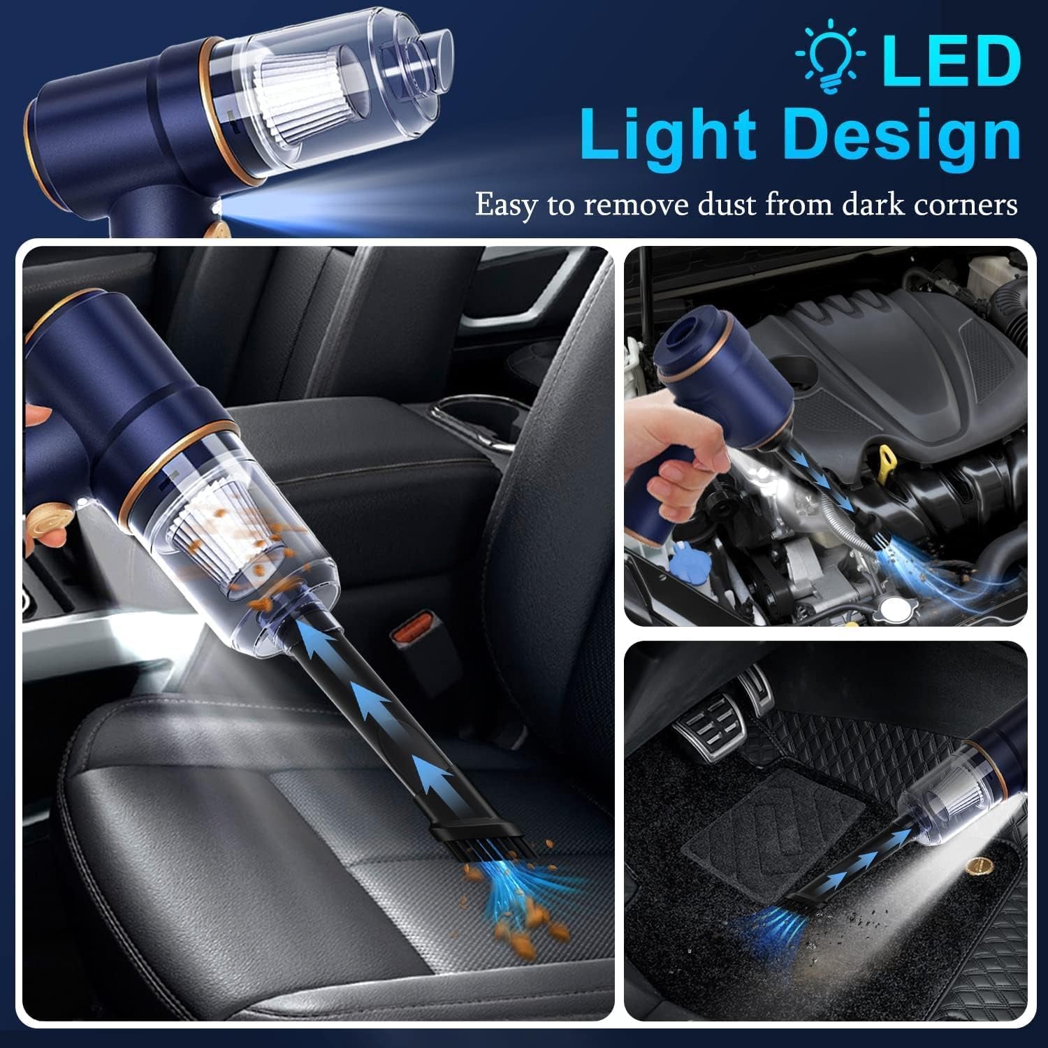 Handheld Car Vacuum Cleaner, 9000Pa Vacuum Cleaner and Air Duster, 120W High Power Hand Held Vacuum with LED Light and Multi-Nozzles for Car, Home, Office, Pet