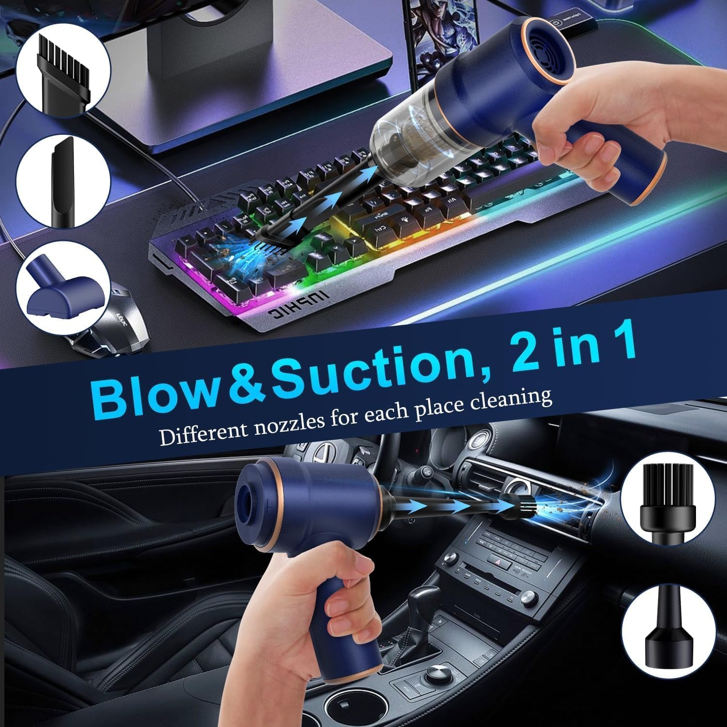 Handheld Car Vacuum Cleaner, 9000Pa Vacuum Cleaner and Air Duster, 120W High Power Hand Held Vacuum with LED Light and Multi-Nozzles for Car, Home, Office, Pet