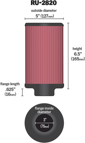 High-Flow Original Lifetime Universal Clamp-On Air Filter: High Performance, Premium, Washable: Flange Diameter: 3 In, Filter Height: 6.5 In, Flange Length: 0.625 In, Shape: Round, RU-2820