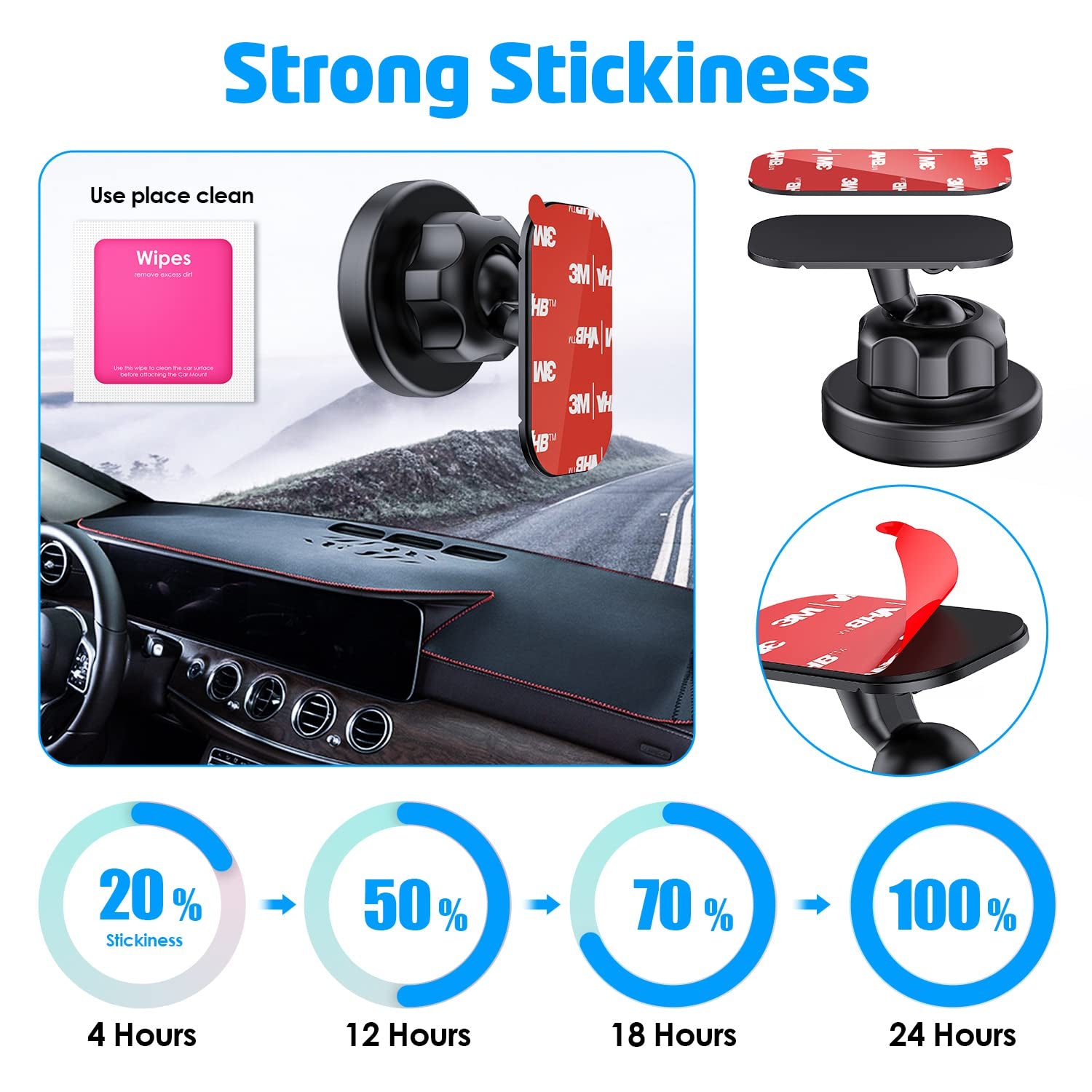 3M [6 Pack] Sticky Adhesive Pads Replacement Mounting Tape, Dashboard Sticker for Magnetic Phone Car Mount, Double Sided 3M Adhesive Pads, with 2 Dry Wipes