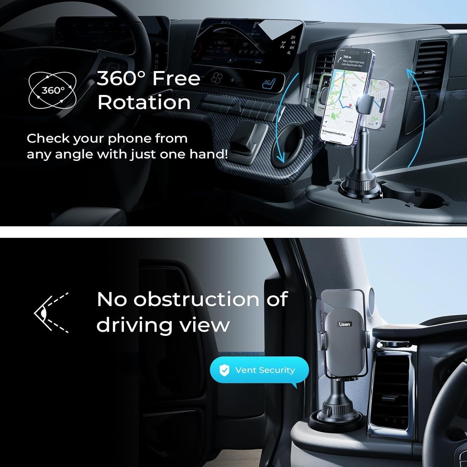 Cup Phone Holder for Car No Shaking Car Phone Holder Mount, 360° Adjustable Car Accessories for Women Truck Jeep, Golf Accessories for Iphone 16E 16 15 14 13 Pro Max Samsung S25 All 4-7'' Phone