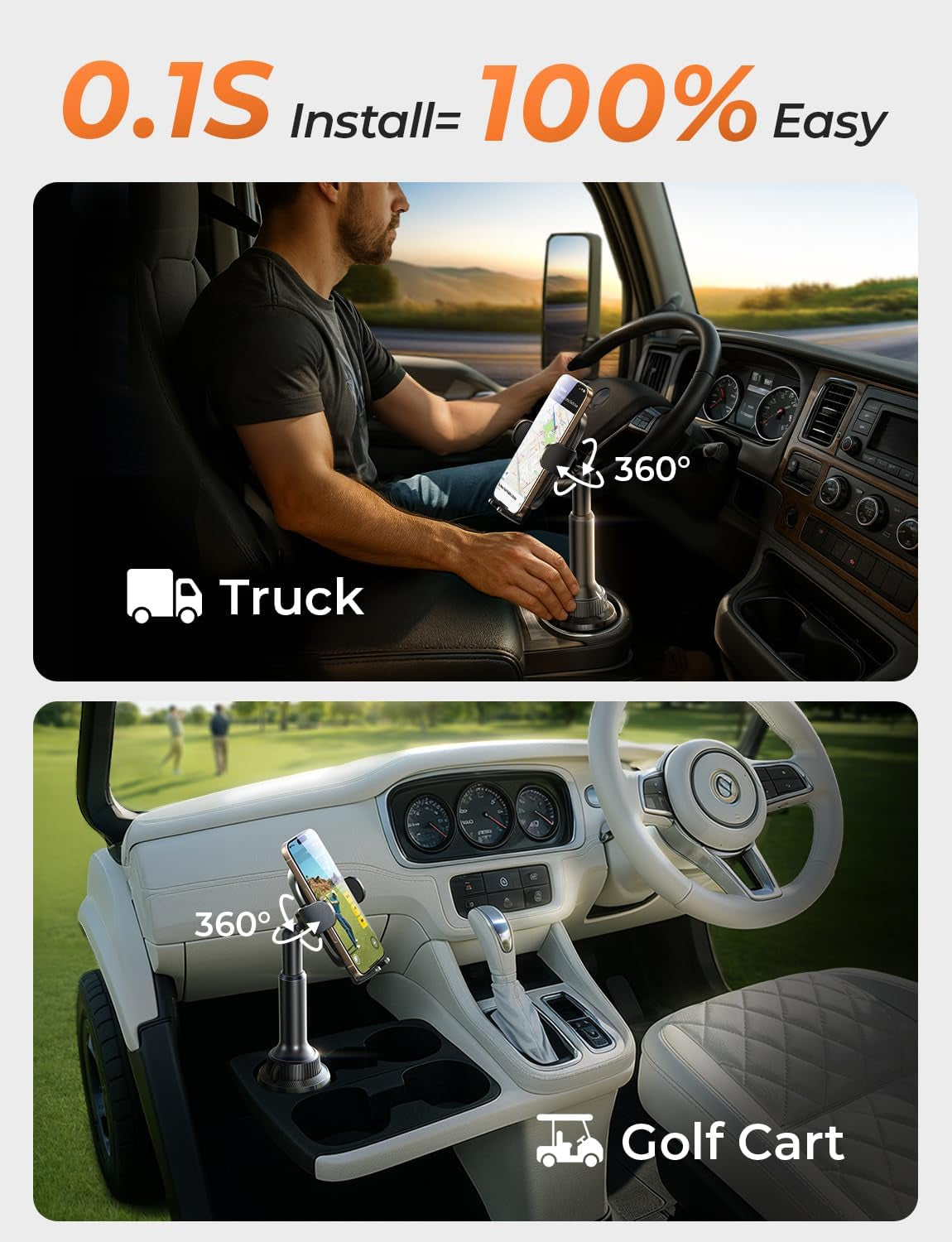 Cup Phone Holder for Car No Shaking Car Phone Holder Mount, 360° Adjustable Car Accessories for Women Truck Jeep, Golf Accessories for Iphone 16E 16 15 14 13 Pro Max Samsung S25 All 4-7'' Phone