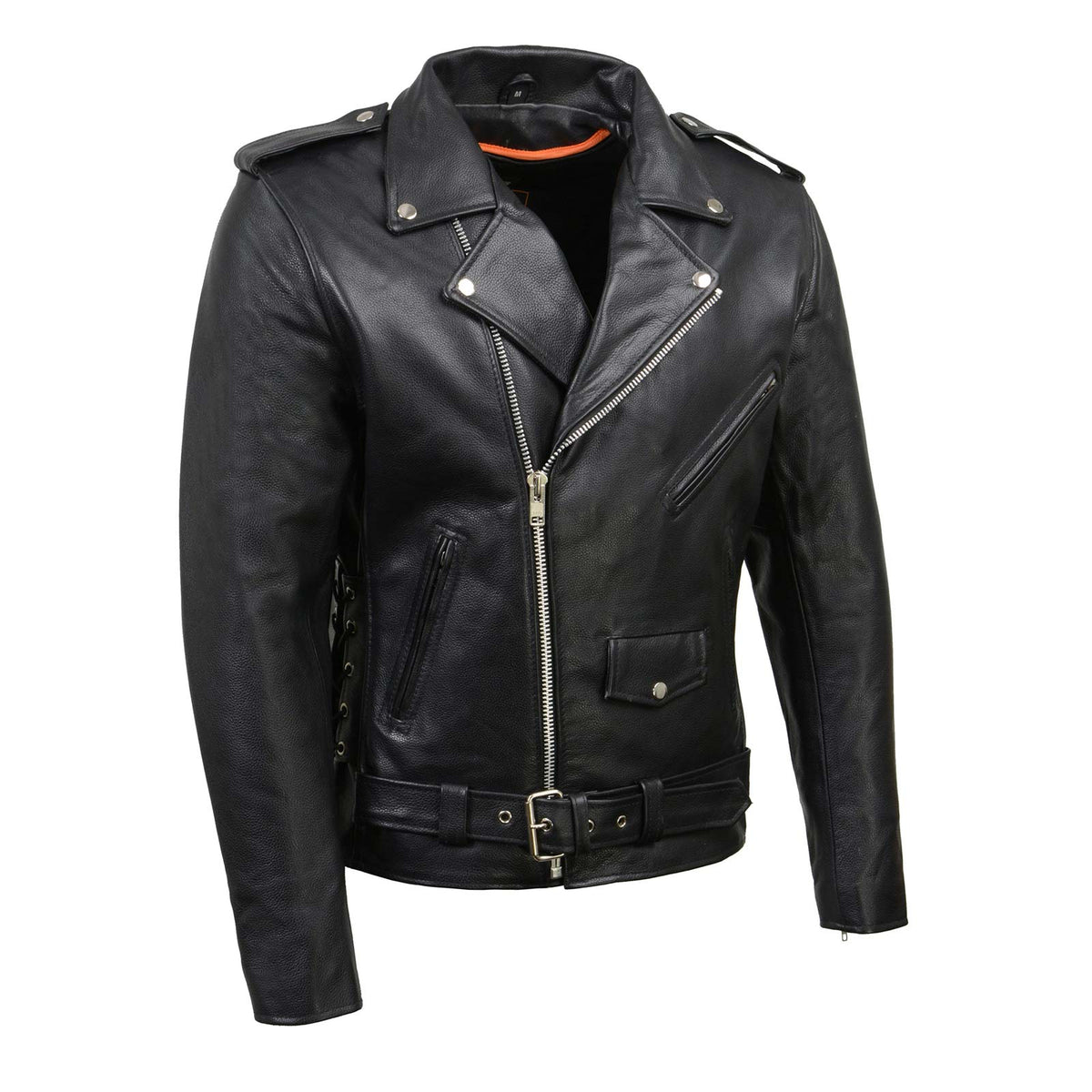 SH1011 Men'S Classic Brando Premium Leather Black Motorcycle Riders Leather Jacket W/Side Laces