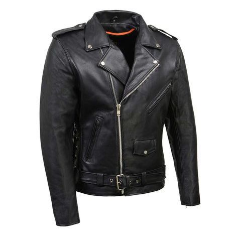 SH1011 Men'S Classic Brando Premium Leather Black Motorcycle Riders Leather Jacket W/Side Laces